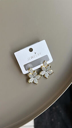 Taşlı Çiçek Küpe - Altın