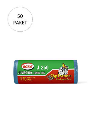 J-250 Jumbo Boy Çöp Torbası 80 x 110 cm 10 Lu Rulo x 50 Paket = 500 Adet (Mavi)