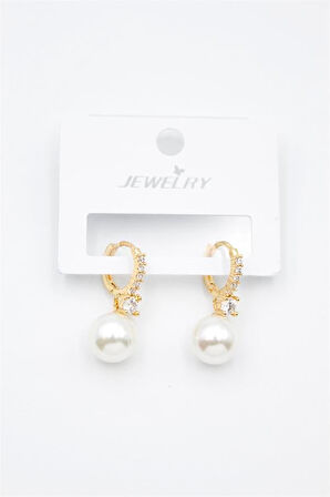 Taşlı İnci Küpe - Altın