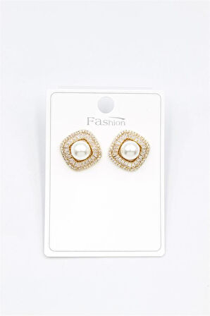 İncili Baget Taşlı Küpe - Altın