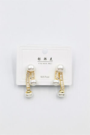 Baget Taşlı İncili Küpe - Altın