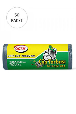 Orta Boy Çöp Torbası 55 x 60 cm 20 Li Rulo x 50 Paket = 1000 Adet (Mavi)