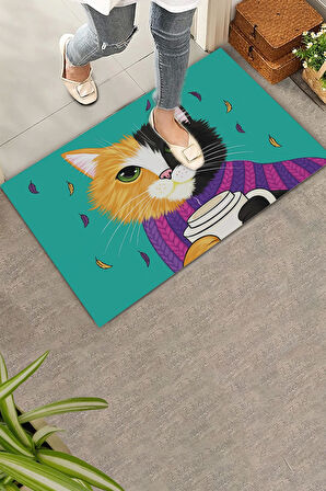 Valerine Life Kahve Düşkünü Relaks Kedi Yeşil Welcome Hoş Geldiniz Kapı Önü Paspası 45x70cm