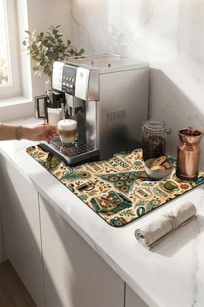 Valerine Life Kahve Espresso Makinesi Matı 35x45cm Çaycı Pad Su Geçirmez Peacock Espresso