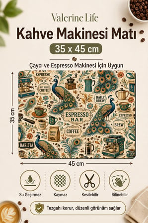 Valerine Life Kahve Espresso Makinesi Matı 35x45cm Çaycı Pad Su Geçirmez Peacock Espresso
