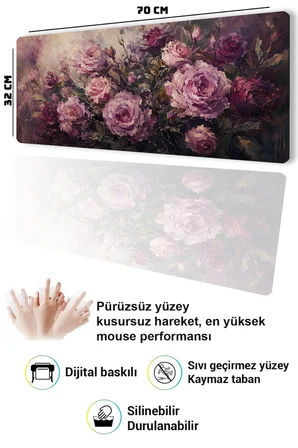 SonicTouch Klavye Mousepad 32x70cm Dikişsiz Pürüzsüz Sıvı Geçirmez Kaymaz Taban Gece Gülleri