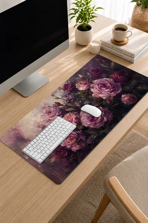 SonicTouch Klavye Mousepad 32x70cm Dikişsiz Pürüzsüz Sıvı Geçirmez Kaymaz Taban Gece Gülleri