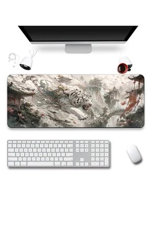 SonicTouch Klavye Mousepad 40x90cm Pürüzsüz Sıvı Geçirmez Kaymaz Taban Beyaz Kaplan Tapınağı