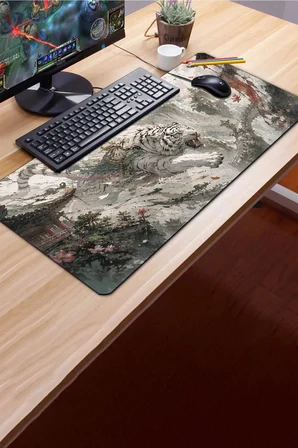 SonicTouch Klavye Mousepad 40x90cm Pürüzsüz Sıvı Geçirmez Kaymaz Taban Beyaz Kaplan Tapınağı