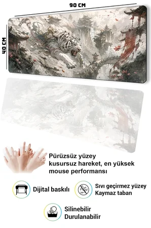 SonicTouch Klavye Mousepad 40x90cm Pürüzsüz Sıvı Geçirmez Kaymaz Taban Beyaz Kaplan Tapınağı