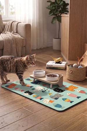 MAtGo Pati Kedi Köpek Beslenme Matı 50x70cm Yamalı Kedi Su Geçirmez Kaymaz Mama Kabı Altlığı Paspası