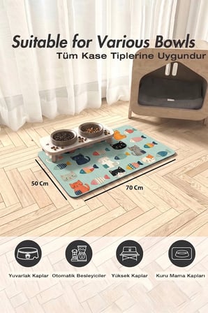MAtGo Pati Kedi Köpek Beslenme Matı 50x70cm Yamalı Kedi Su Geçirmez Kaymaz Mama Kabı Altlığı Paspası