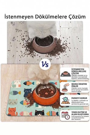 MAtGo Pati Kedi Köpek Beslenme Matı 50x70cm Yamalı Kedi Su Geçirmez Kaymaz Mama Kabı Altlığı Paspası