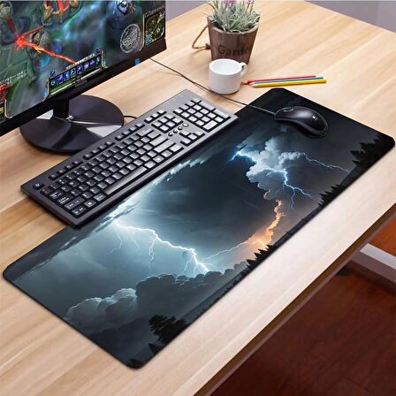 SonicTouch Göklerin Ay Yıldızı Şimşek Temalı Kaymaz Gaming Oyuncu Dikişsiz Klavye Mouse Pad 32x70Cm