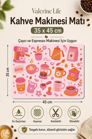 Valerine Life Kahve Espresso Makinesi Matı 35x45cm Çaycı Pad Su Geçirmez Pembe Mocha