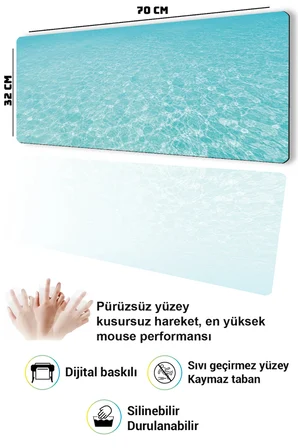 SonicTouch Klavye Mousepad 32x70cm Dikişsiz Pürüzsüz Sıvı Geçirmez Kaymaz Taban Mavi Huzur