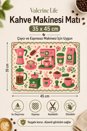 Valerine Life Kahve Espresso Makinesi Matı 35x45cm Çaycı Pad Su Geçirmez Pembe Kahve Bahçesi