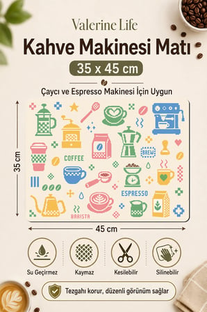 Valerine Life Kahve Espresso Makinesi Matı 35x45cm Çaycı Pad Su Geçirmez Pixel Barista