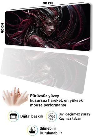 SonicTouch Klavye Mousepad 40x90cm Dikişsiz Pürüzsüz Sıvı Geçirmez Kaymaz Taban Kızıl Siber Kraliçe