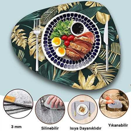 Valerine Life Yeşil Gold Palmiye Yaprak Desenli Amerikan Deri Kaymaz Yıkanabilir Servis Altlığı 12 Parça 6 Kişilik