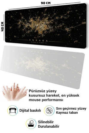 SonicTouch Klavye Mousepad 40x90cm Dikişsiz Pürüzsüz Sıvı Geçirmez Kaymaz Taban Ankara Gece Haritası