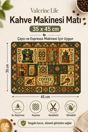 Valerine Life Kahve Espresso Makinesi Matı 35x45cm Çaycı Pad Su Geçirmez Vintage Kahve Mozaği