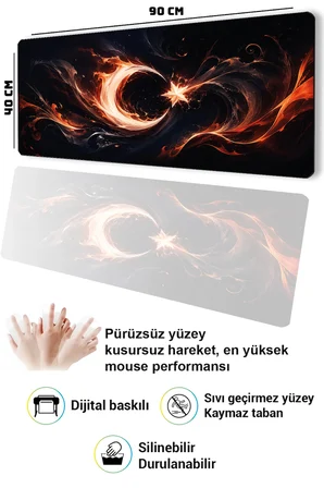 SonicTouch Klavye Mousepad 40x90cm Dikişsiz Pürüzsüz Sıvı Geçirmez Kaymaz Taban Alev Hilali