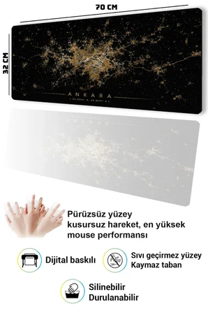 SonicTouch Klavye Mousepad 32x70cm Dikişsiz Pürüzsüz Sıvı Geçirmez Kaymaz Taban Ankara Gece Haritası