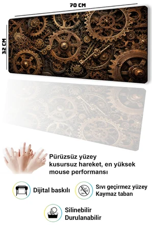 SonicTouch Klavye Mousepad 32x70cm Dikişsiz Pürüzsüz Sıvı Geçirmez Kaymaz Taban Bronz Çarklar