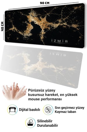 SonicTouch Klavye Mousepad 40x90cm Dikişsiz Pürüzsüz Sıvı Geçirmez Kaymaz Taban izmir Gece Haritası