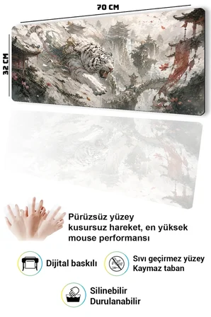 SonicTouch Klavye Mousepad 32x70cm Pürüzsüz Sıvı Geçirmez Kaymaz Taban Beyaz Kaplan Tapınağı