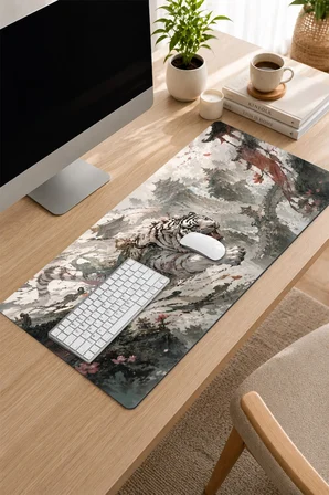 SonicTouch Klavye Mousepad 32x70cm Pürüzsüz Sıvı Geçirmez Kaymaz Taban Beyaz Kaplan Tapınağı