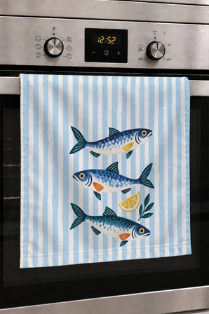 Valerine Life El Kurulama Havlusu 30x50cm Mutfak, Fırın için Pamuklu Emici Ege Balıkları