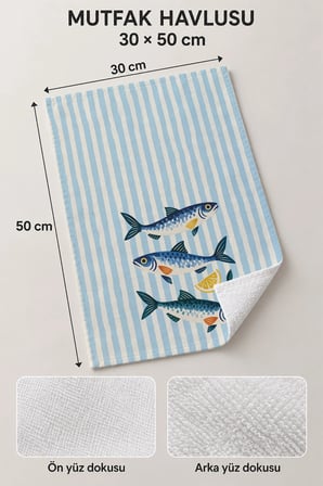 Valerine Life El Kurulama Havlusu 30x50cm Mutfak, Fırın için Pamuklu Emici Ege Balıkları