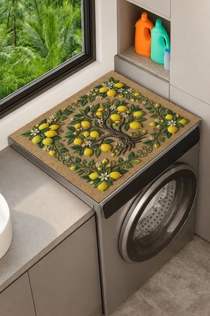 Valerine Life Çamaşır Kurutma Makinesi Üstü Düzenleyici Matı Sıvı Geçirmez Örtü Limon Bahçesi Bej