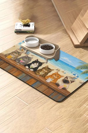 MAtGo Pati Kedi Köpek Beslenme Matı 50x70cm Su Geçirmez Mama Kabı Altlığı Paspası Pati Beach Club