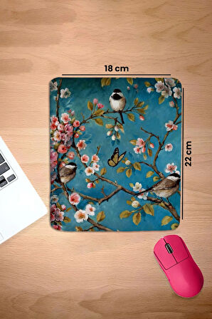 SonicTouch Bilek Destekli Bahar Dalları Turkuaz Dikdörtgen Pürüzsüz Yüzey Dikişsiz Mouse Pad 18x22cm