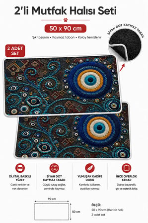 Valerine Life Mutfak Halısı Koruyucu Nazar Boncuğu Tezgah Önü Yolluk Paspası İkili Kilim Takımı
