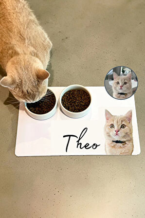 MAtGo Pati Hayvana isme Özel Fotoğraflı Beslenme Matı Sıvı Geçirmez Kedi Köpek Mama Paspası 50x70cm