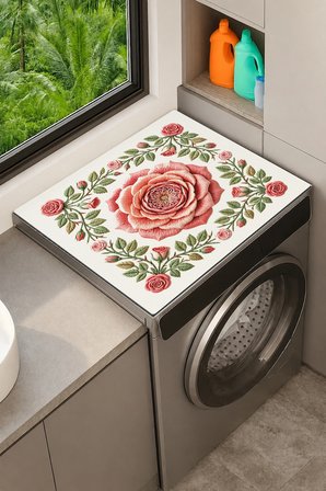 Valerine Life Çamaşır Kurutma Makinesi Üstü Düzenleyici Matı Sıvı Geçirmez Örtü Nakışlı Gül Beyaz