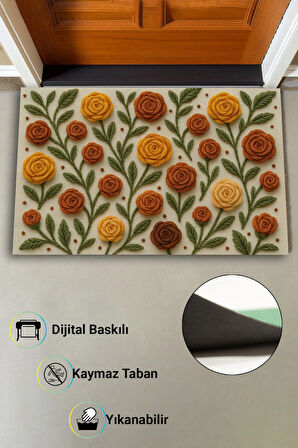Valerine Life Nakışlı Güller Temalı Welcome Hoş Geldiniz Dijital Baskılı Kapı Önü Paspası 45x70cm