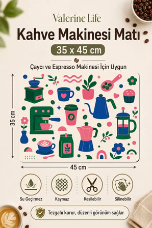 Valerine Life Kahve Espresso Makinesi Matı 35x45cm Çaycı Pad Su Geçirmez Pop Café Botanik