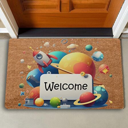 Valerine Life Gezegen ve Roket Temalı Welcome Kapı Önü Paspası 45x70cm