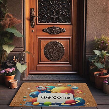 Valerine Life Gezegen ve Roket Temalı Welcome Kapı Önü Paspası 45x70cm