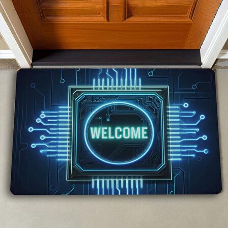 Valerine Life Neon Çip ve Devre Desenli Welcome Kapı Önü Paspası 45x70cm