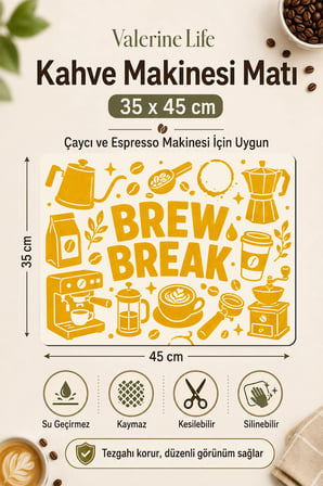 Valerine Life Kahve Espresso Makinesi Matı 35x45cm Çaycı Pad Su Geçirmez Altın Brew Break