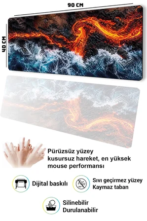 SonicTouch Klavye Mousepad 40x90cm Dikişsiz Pürüzsüz Sıvı Geçirmez Kaymaz Taban Ateş ve Okyanus