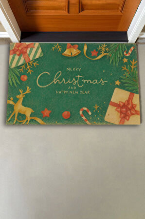 Valerine Life Happy New Year Yeşil Pastel Ren Geyikli Welcome Hoş Geldiniz Kapı Önü Paspası 45x70cm