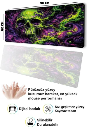 SonicTouch Klavye Mousepad 40x90cm Dikişsiz Pürüzsüz Sıvı Geçirmez Kaymaz Taban Toxic Skull