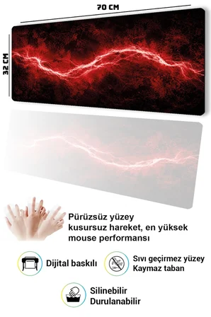 SonicTouch Klavye Mousepad 32x70cm Dikişsiz Pürüzsüz Sıvı Geçirmez Kaymaz Taban Kızıl Akım